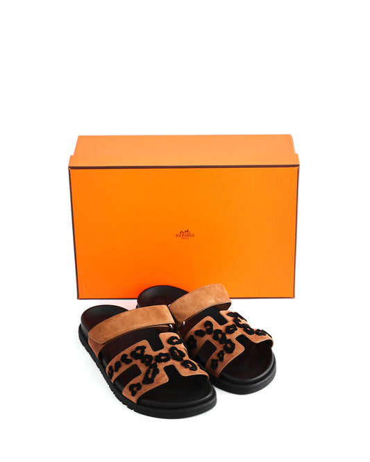 Hermès Chypre Brown Suede Leopard Design EU 37 unworn in box