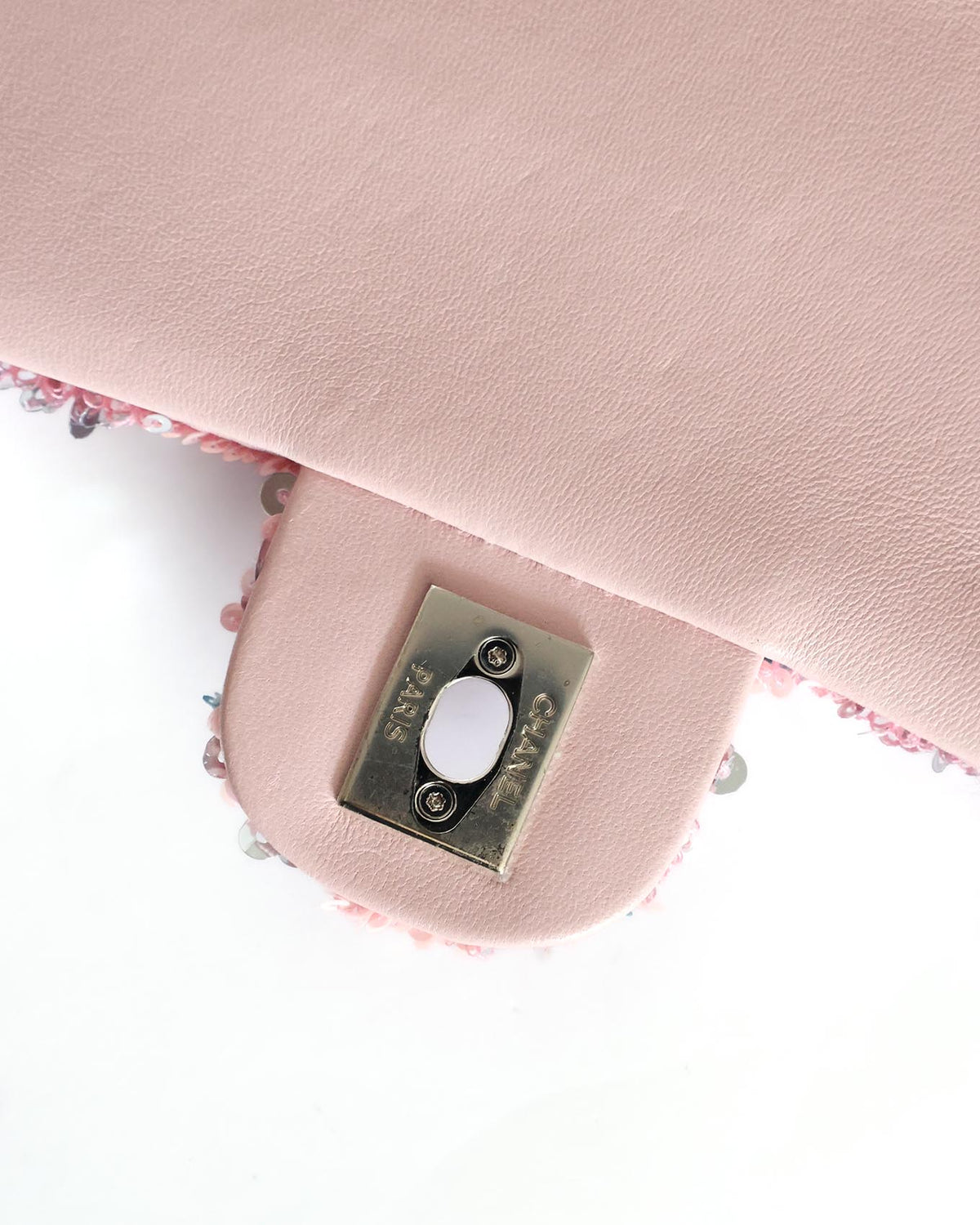 Chanel Pink Sequins Mini Flap Bag with Palladium Hardware 2023 - turnlock back detail - image 13