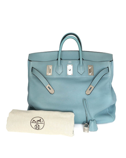 Hermès HAC Haut à Courroies 50 Bleu de Lin Togo 2009 - full set view with dust bag - image 8